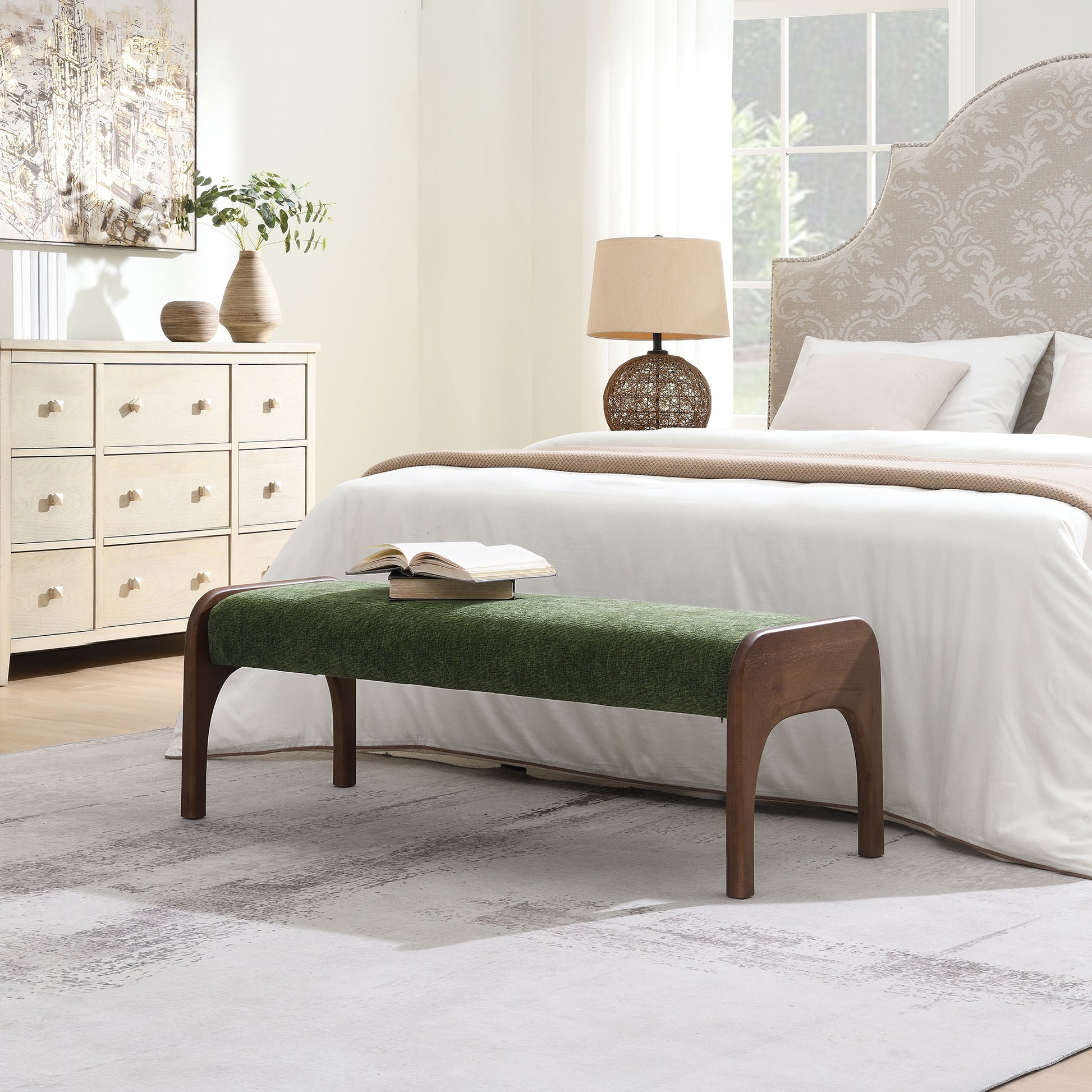 50.25 Inch Upholstered Long Bench, Modern Dining Bench with Soft Chenille Fabric &Rubber Wood Legs for Kitchen Table, Bedroom, Entryway ,Chenille Green