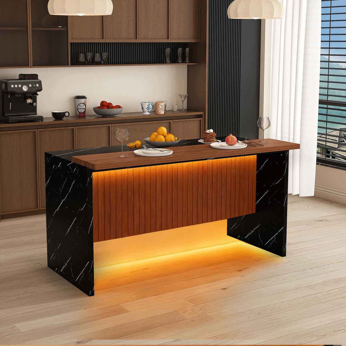 63 Inch Walnut Kitchen Island Table with Black Marble Top & LED Lights