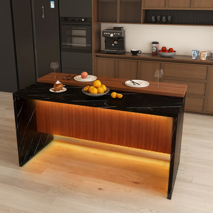 63 Inch Walnut Kitchen Island Table with Black Marble Top & LED Lights