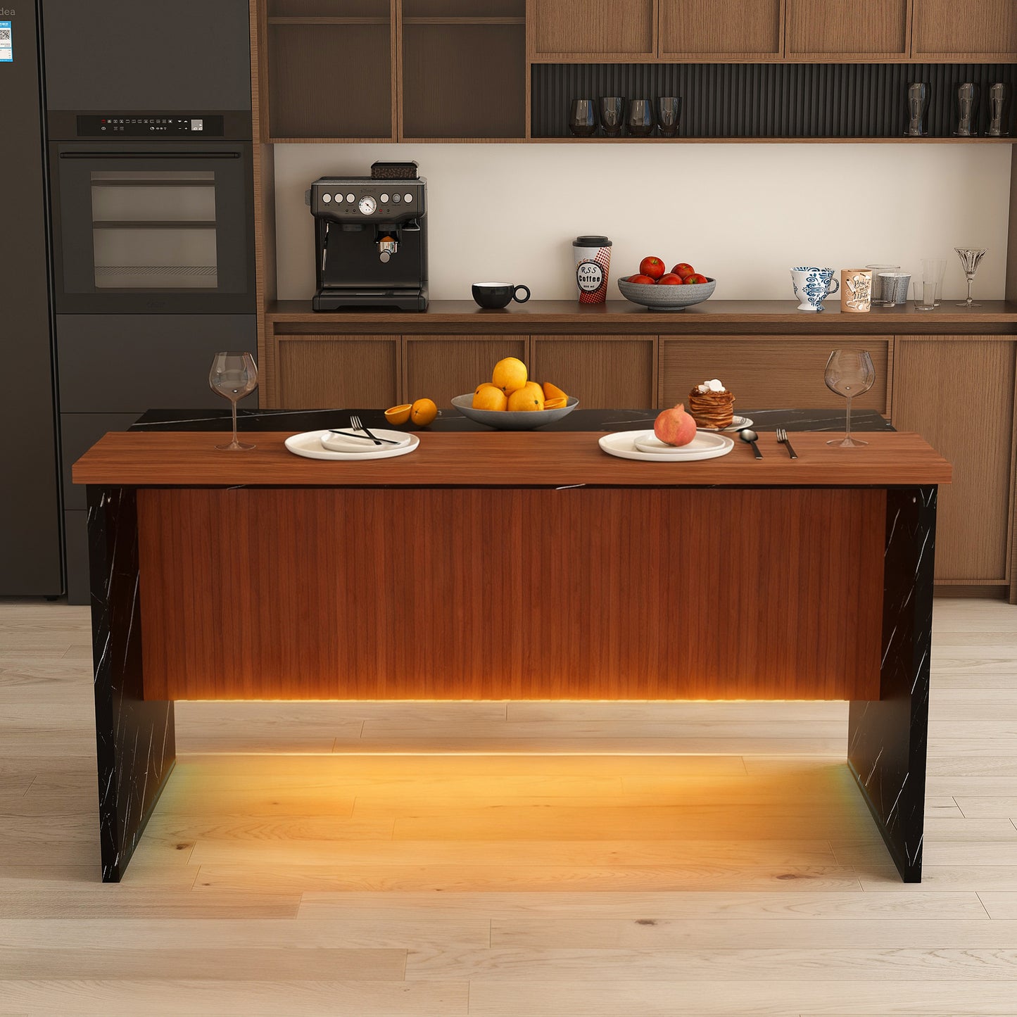 63 Inch Walnut Kitchen Island Table with Black Marble Top & LED Lights