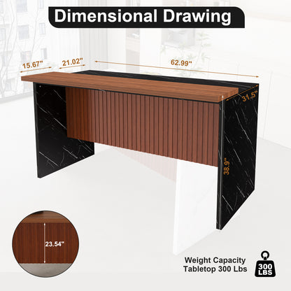63 Inch Walnut Kitchen Island Table with Black Marble Top & LED Lights