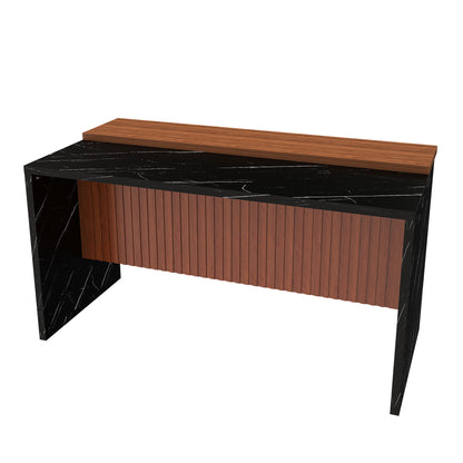 63 Inch Walnut Kitchen Island Table with Black Marble Top & LED Lights