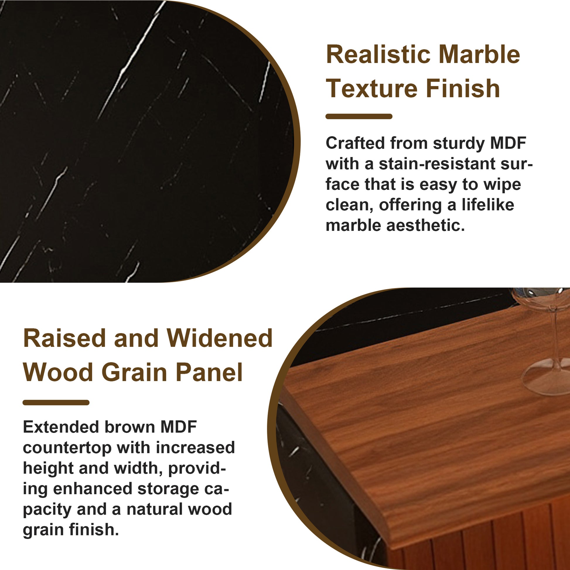 63 Inch Walnut Kitchen Island Table with Black Marble Top & LED Lights