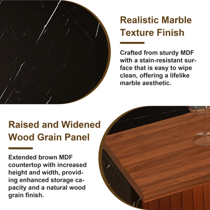 63 Inch Walnut Kitchen Island Table with Black Marble Top & LED Lights