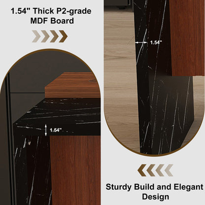 63 Inch Walnut Kitchen Island Table with Black Marble Top & LED Lights