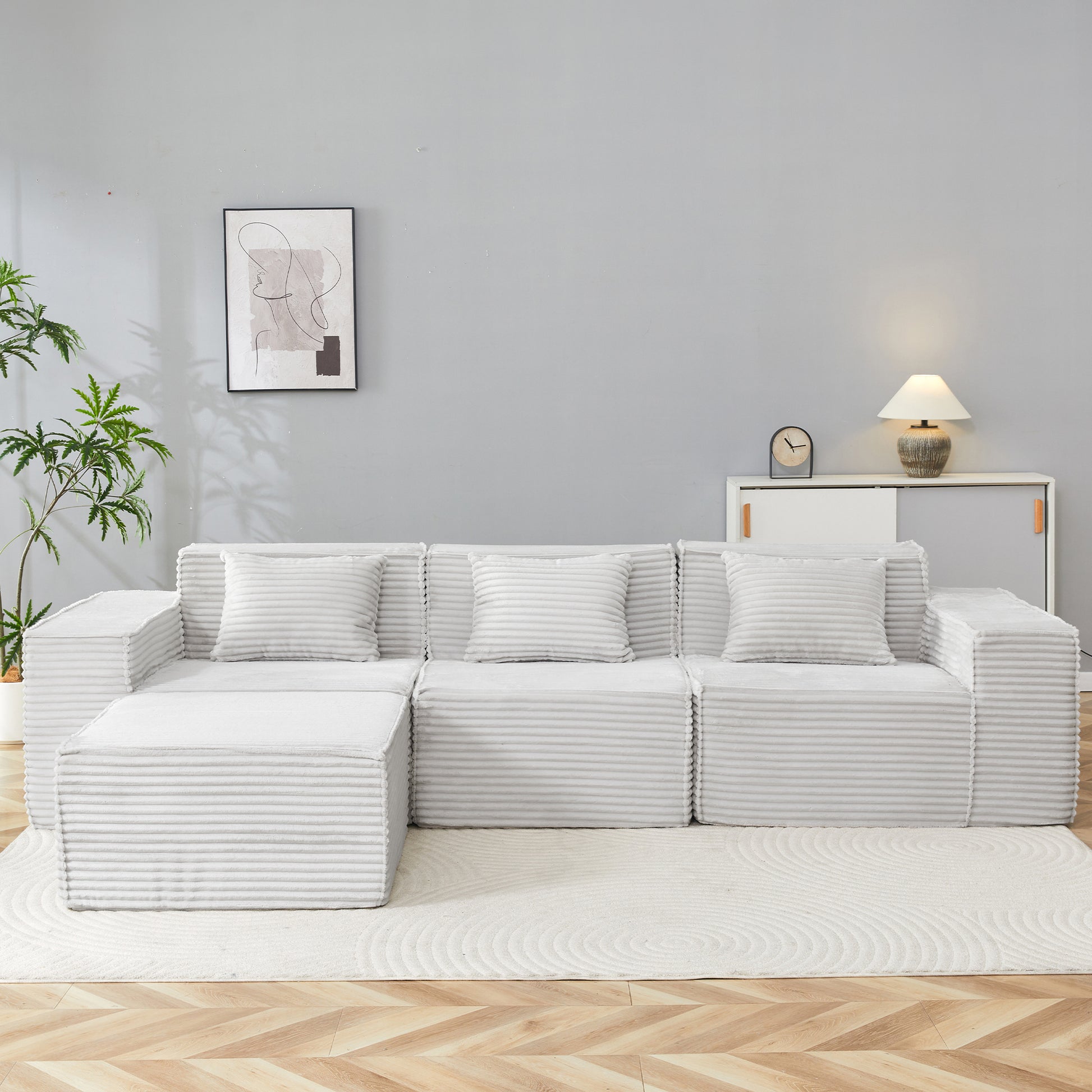 Light Gray Corduroy Modular Sectional Sofa for Living Room