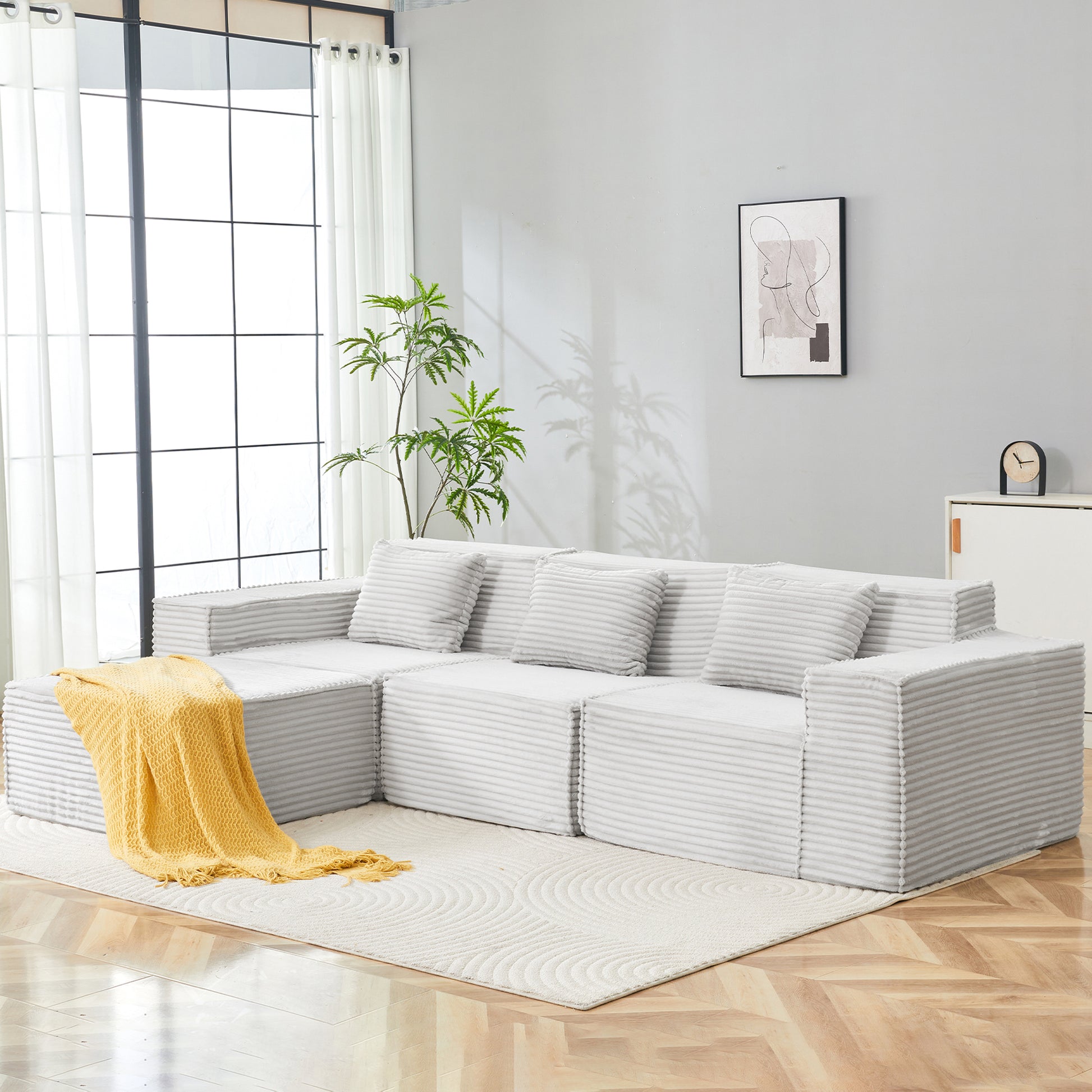 Light Gray Corduroy Modular Sectional Sofa for Living Room