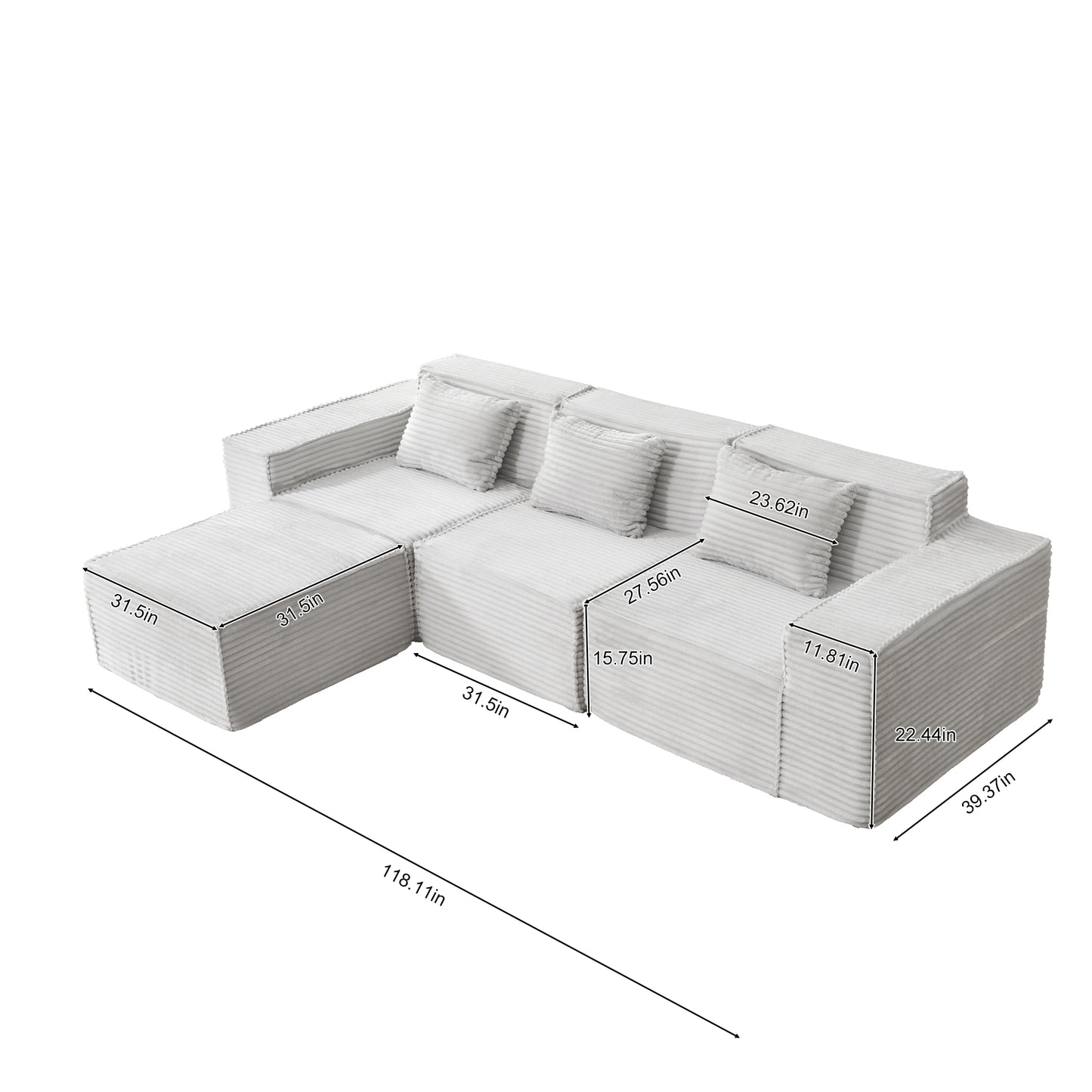 Light Gray Corduroy Modular Sectional Sofa for Living Room