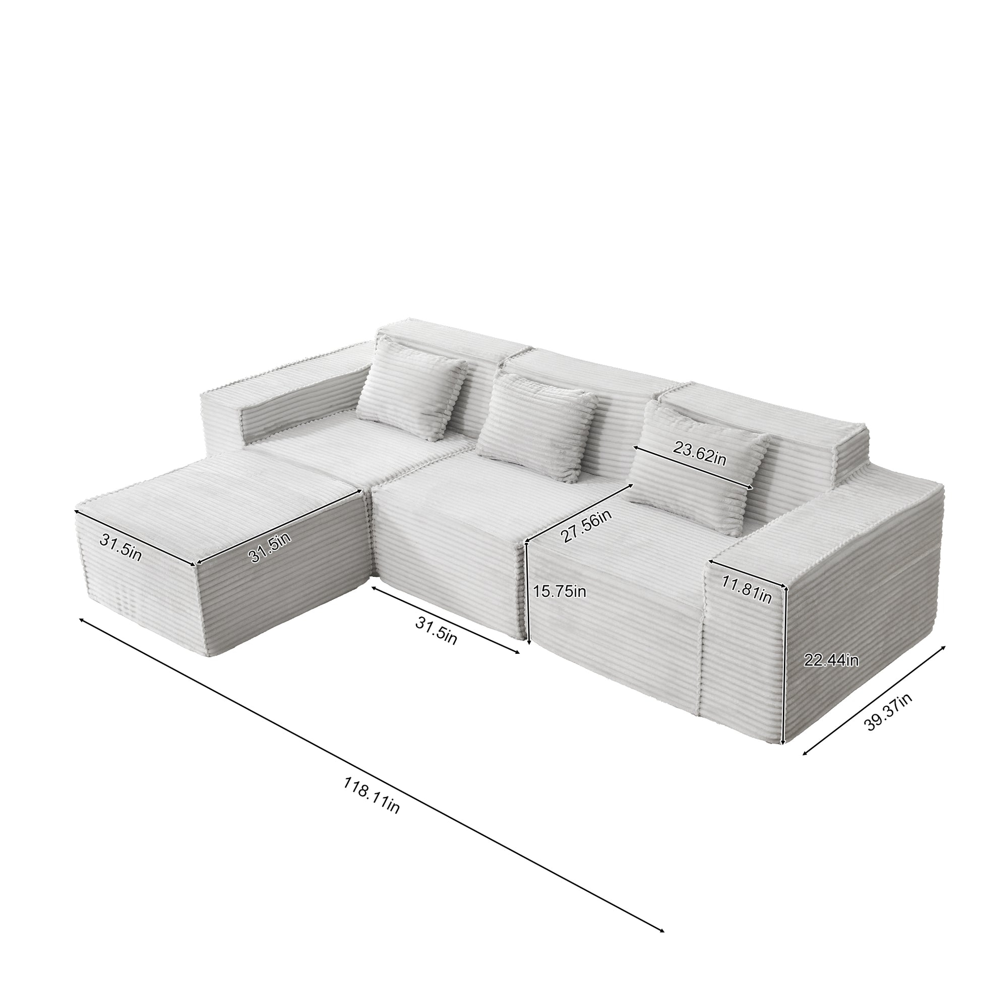 Light Gray Corduroy Modular Sectional Sofa for Living Room