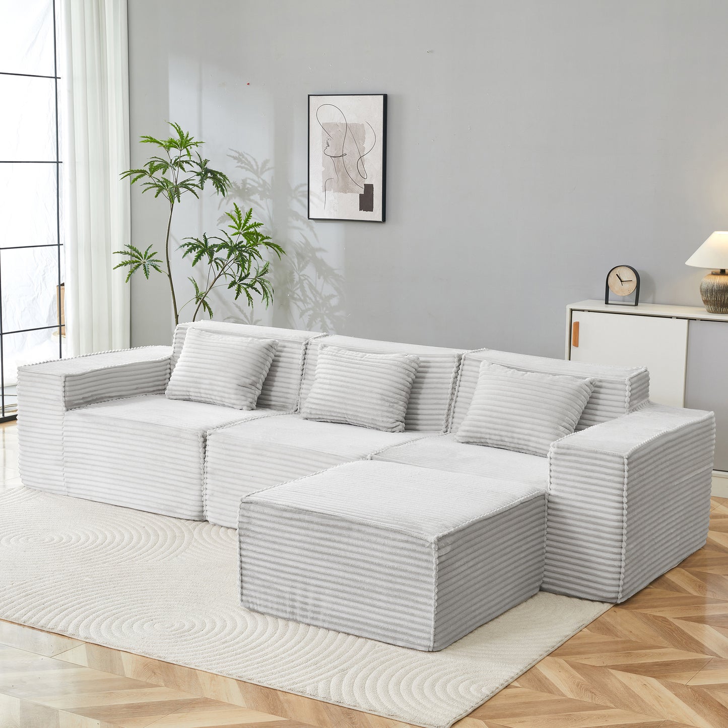 Light Gray Corduroy Modular Sectional Sofa for Living Room