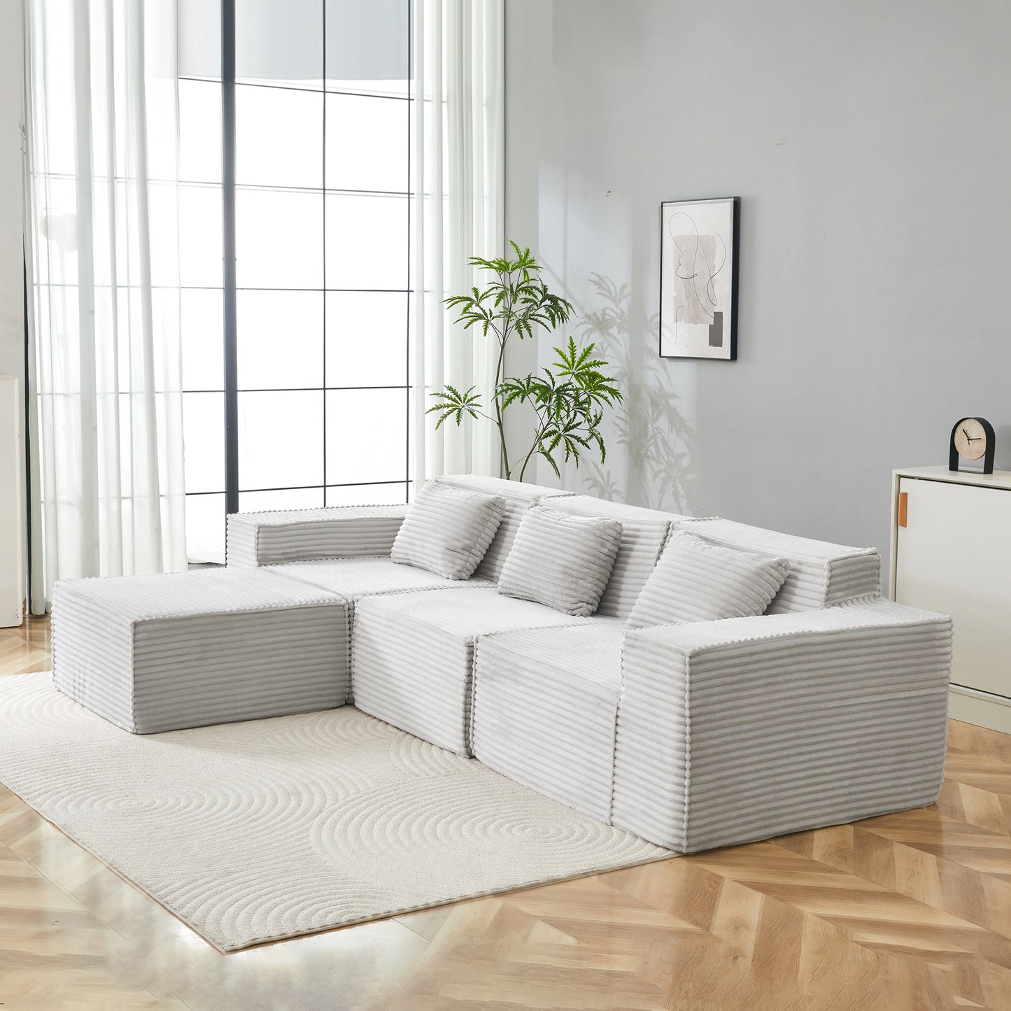 Light Gray Corduroy Modular Sectional Sofa for Living Room