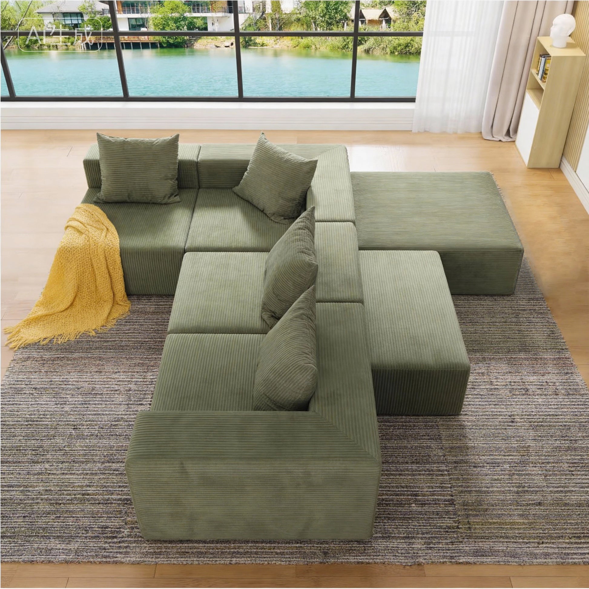 4-Seat Corduroy Sectional Sofa with Green Foam Cushions for Living Room