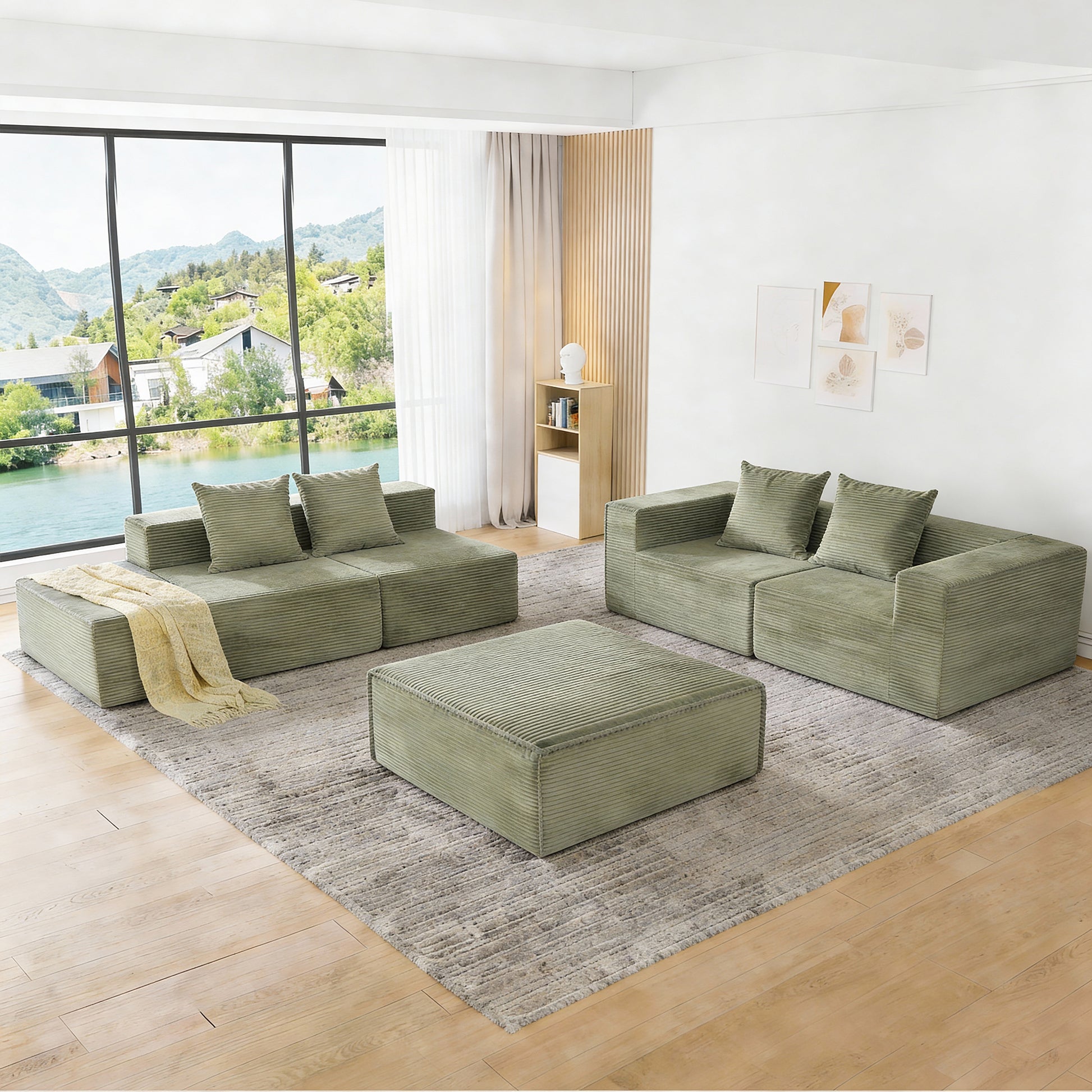 4-Seat Corduroy Sectional Sofa with Green Foam Cushions for Living Room