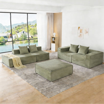 4-Seat Corduroy Sectional Sofa with Green Foam Cushions for Living Room