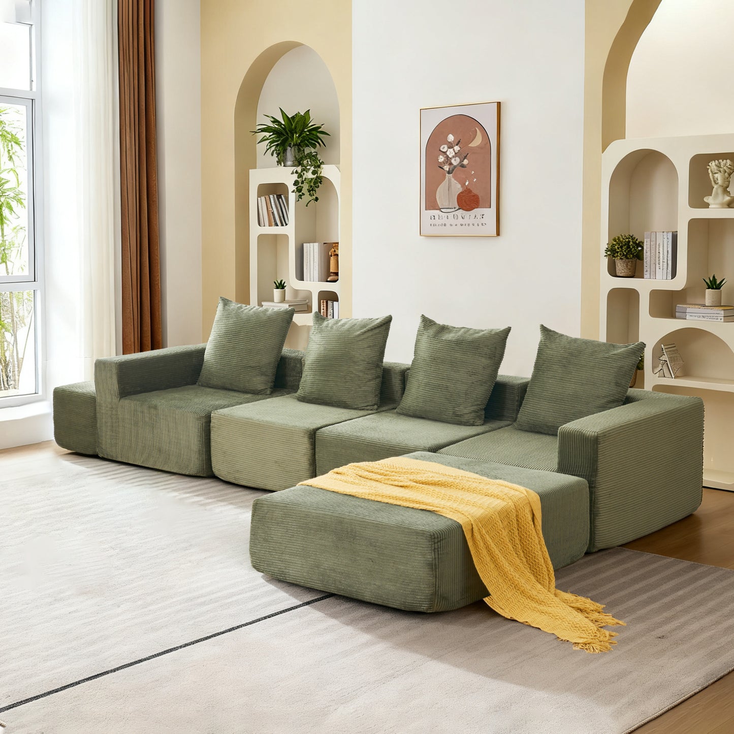 4-Seat Corduroy Sectional Sofa with Green Foam Cushions for Living Room