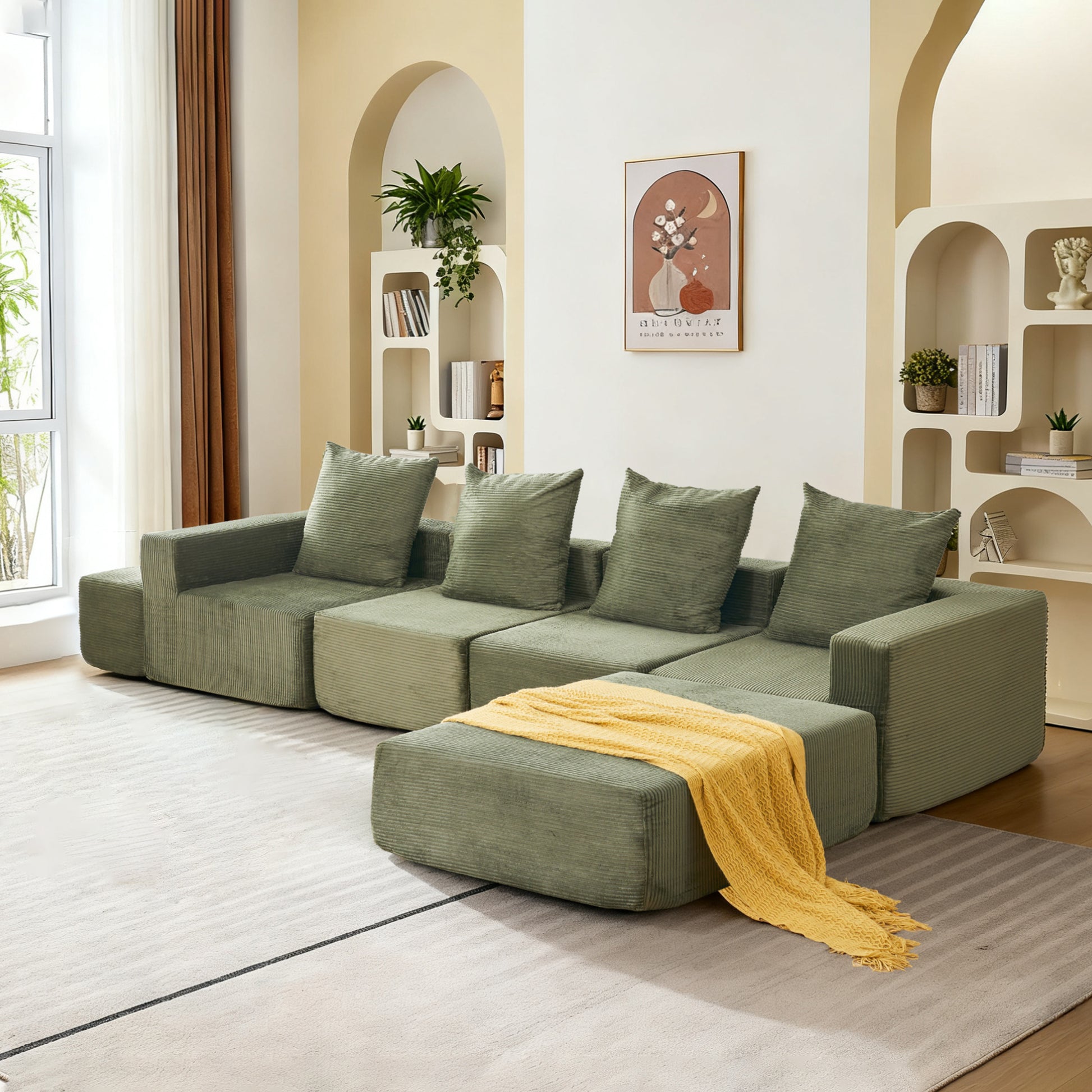 4-Seat Corduroy Sectional Sofa with Green Foam Cushions for Living Room