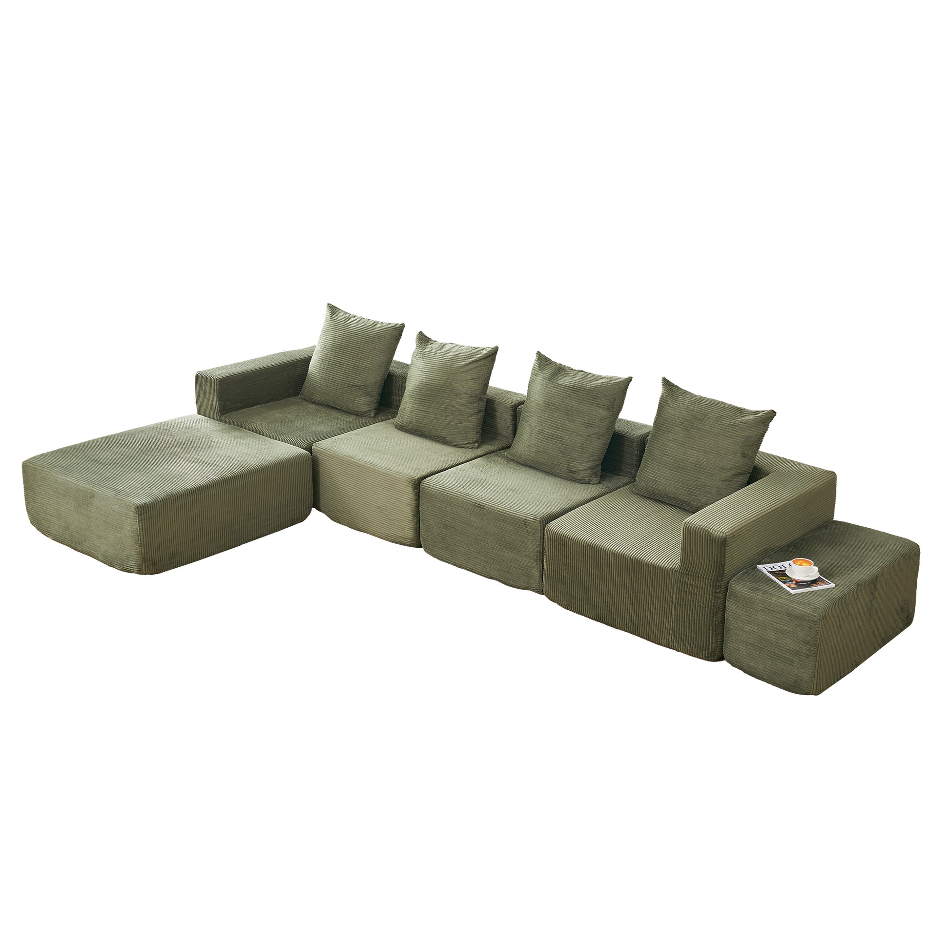 4-Seat Corduroy Sectional Sofa with Green Foam Cushions for Living Room
