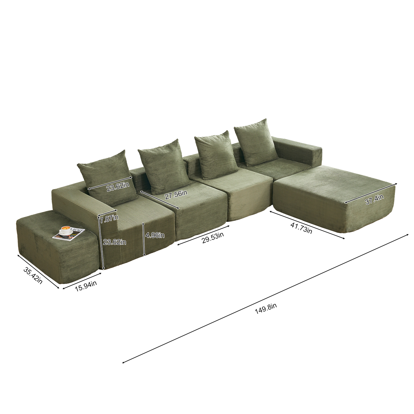 4-Seat Corduroy Sectional Sofa with Green Foam Cushions for Living Room