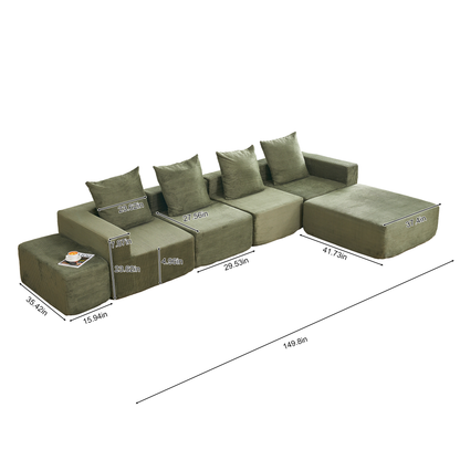 4-Seat Corduroy Sectional Sofa with Green Foam Cushions for Living Room