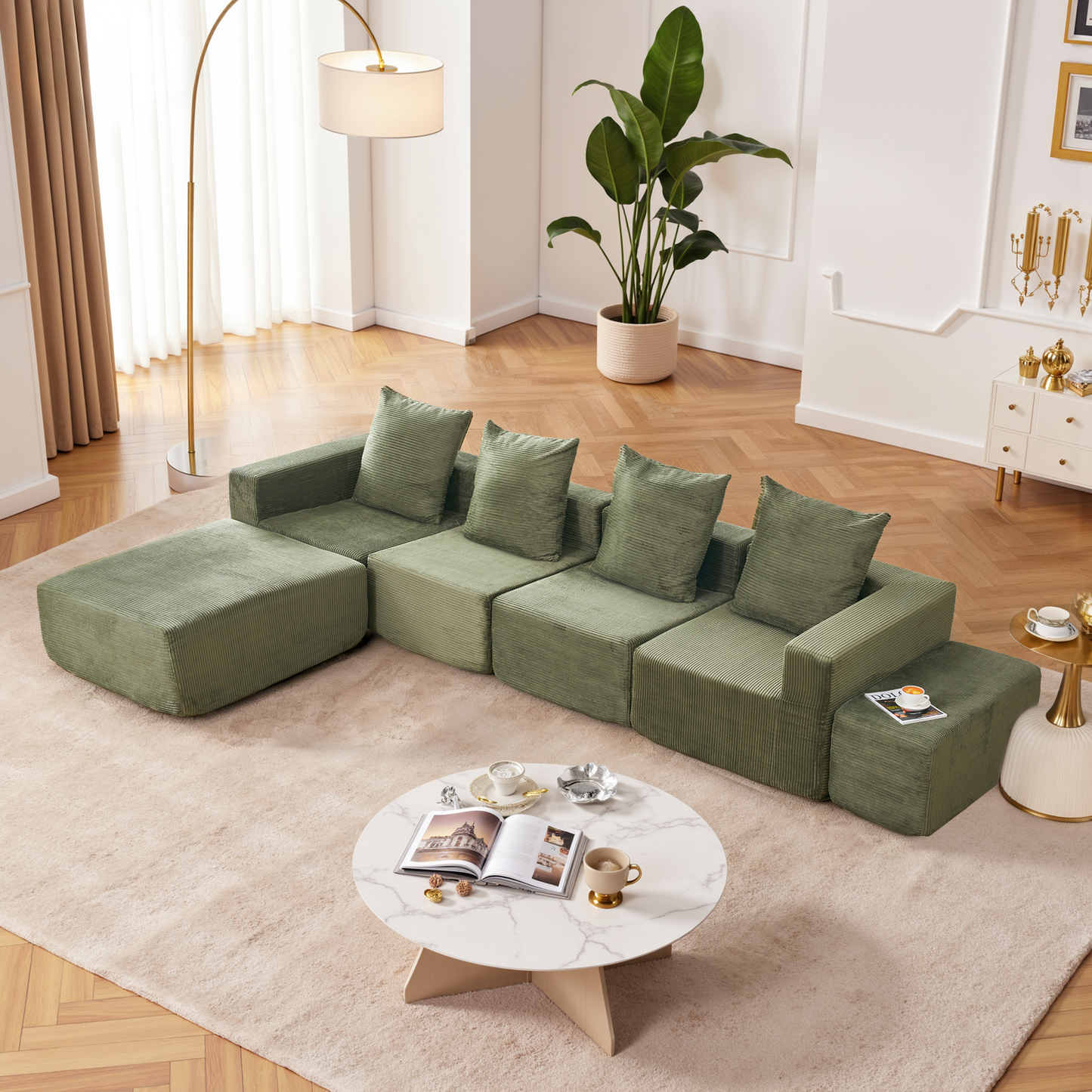 4-Seat Corduroy Sectional Sofa with Green Foam Cushions for Living Room