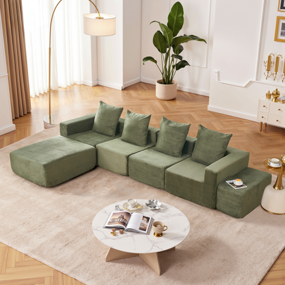 4-Seat Corduroy Sectional Sofa with Green Foam Cushions for Living Room