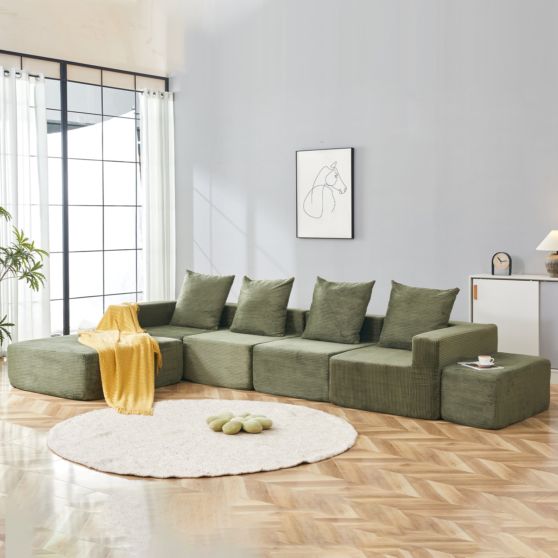 4-Seat Corduroy Sectional Sofa with Green Foam Cushions for Living Room
