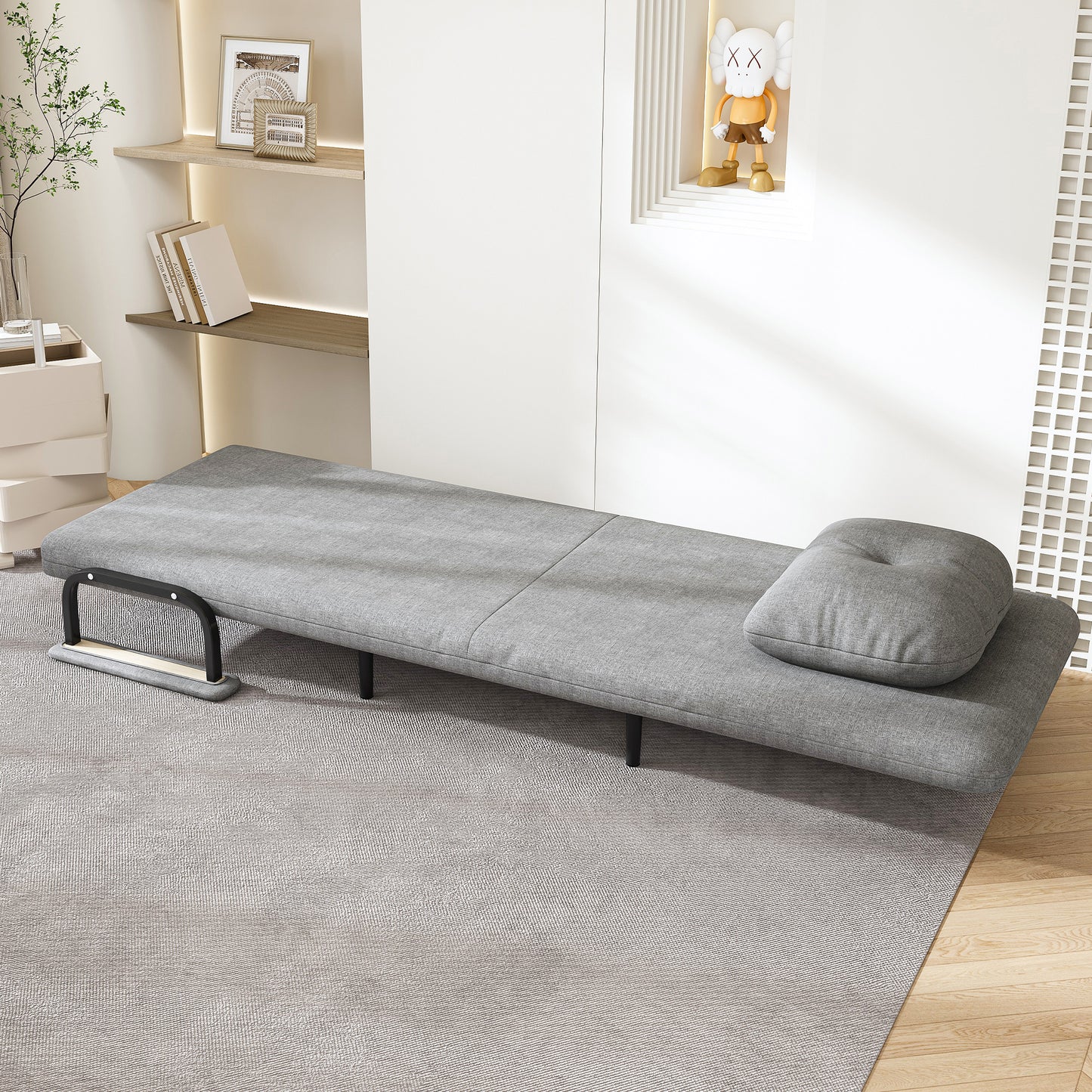 Grey Grass Cloth Sofa Bed - 5-Position Sleeper, Space Saving Design for Living Room