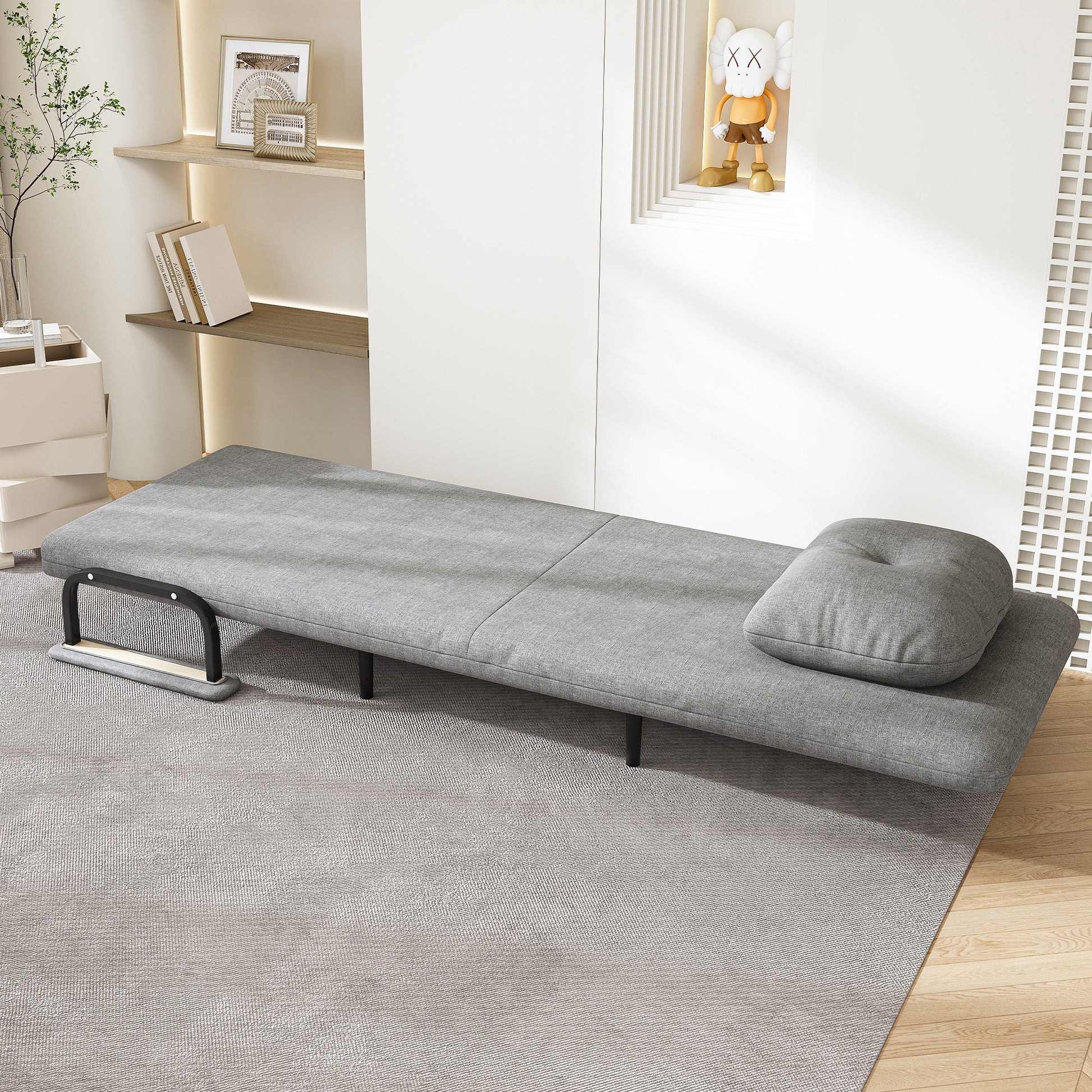 Grey Grass Cloth Sofa Bed - 5-Position Sleeper, Space Saving Design for Living Room