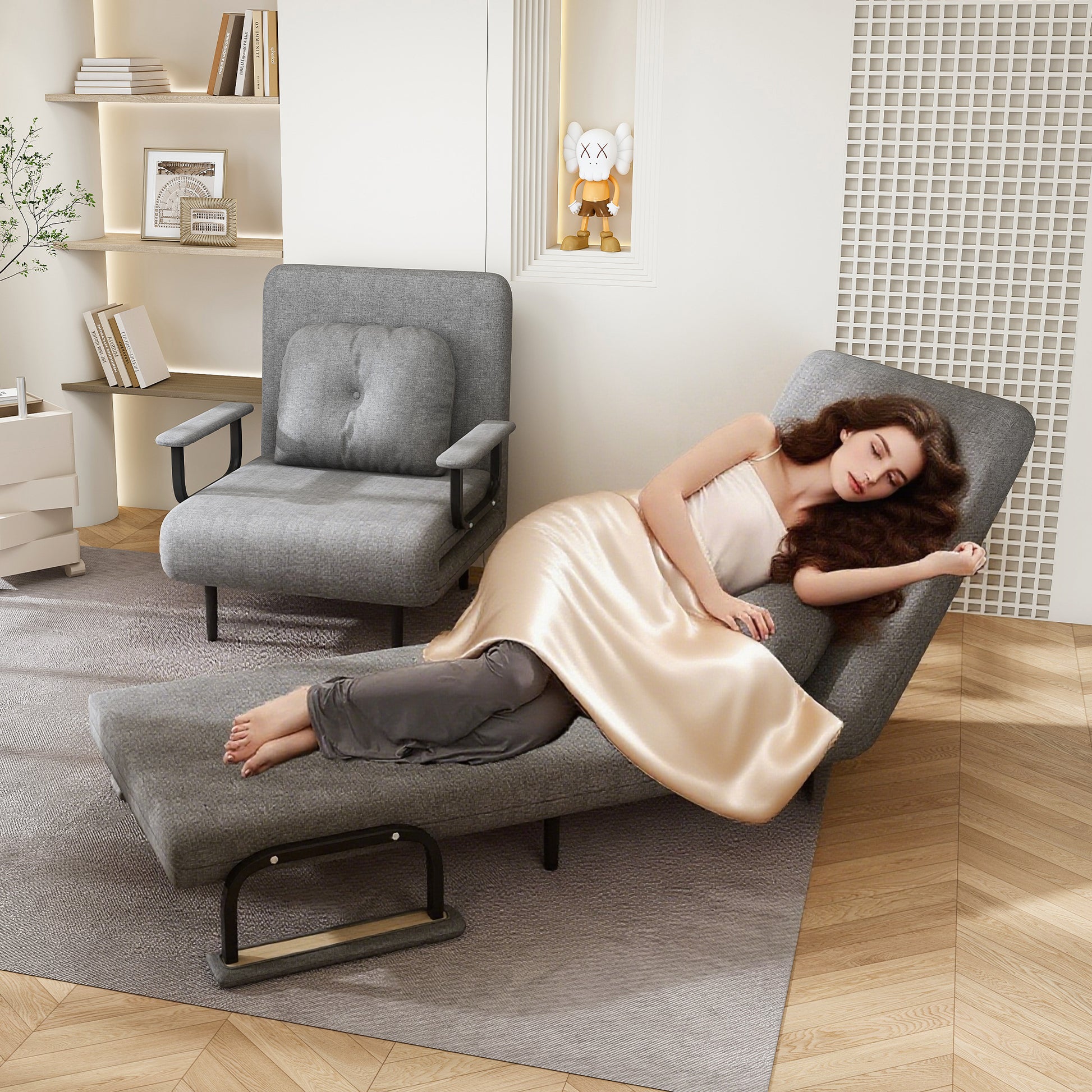 Grey Grass Cloth Sofa Bed - 5-Position Sleeper, Space Saving Design for Living Room