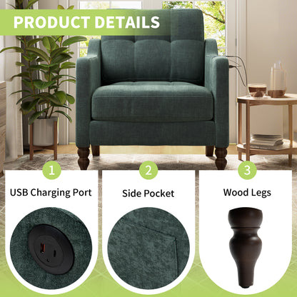 Dark Green Ergonomic Sofa with USB Charging Port for Living Room