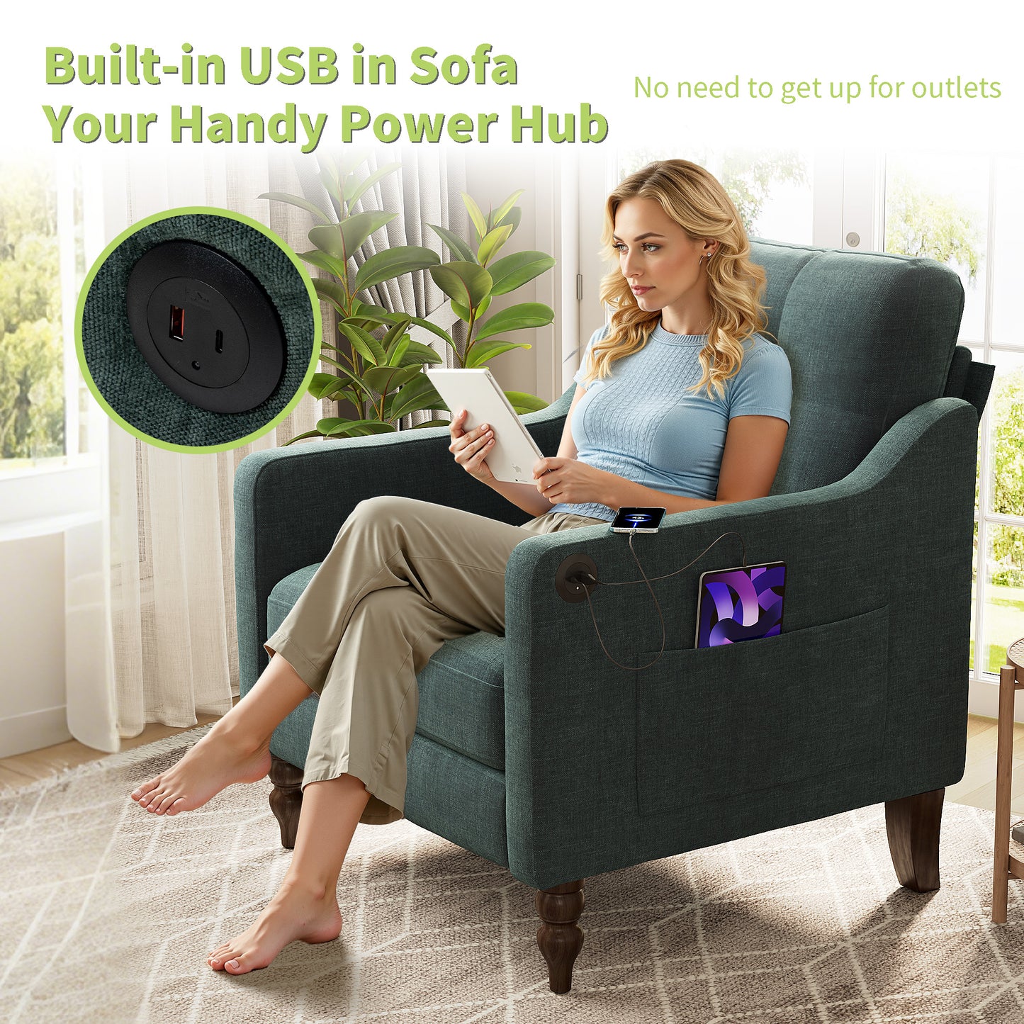 Dark Green Ergonomic Sofa with USB Charging Port for Living Room