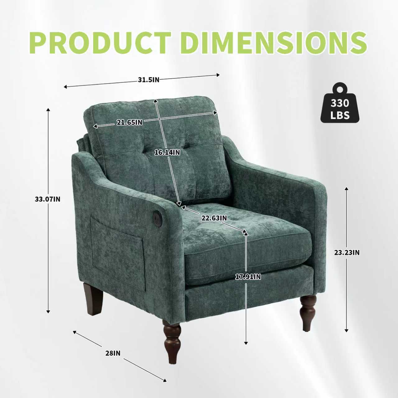 Dark Green Ergonomic Sofa with USB Charging Port for Living Room