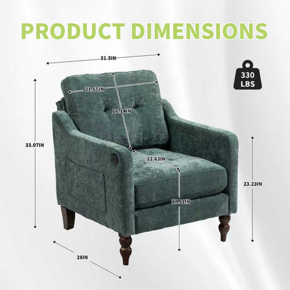 Dark Green Ergonomic Sofa with USB Charging Port for Living Room