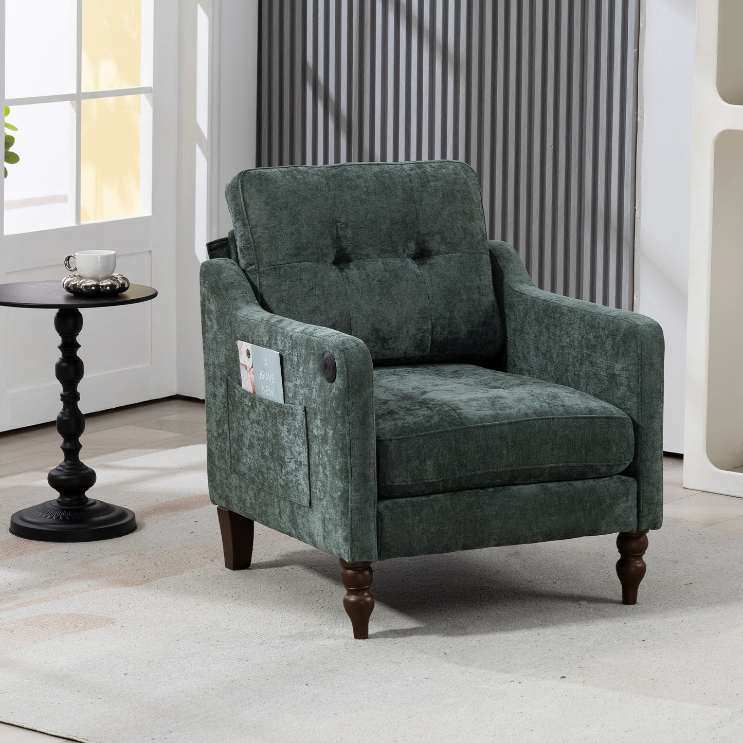 Dark Green Ergonomic Sofa with USB Charging Port for Living Room