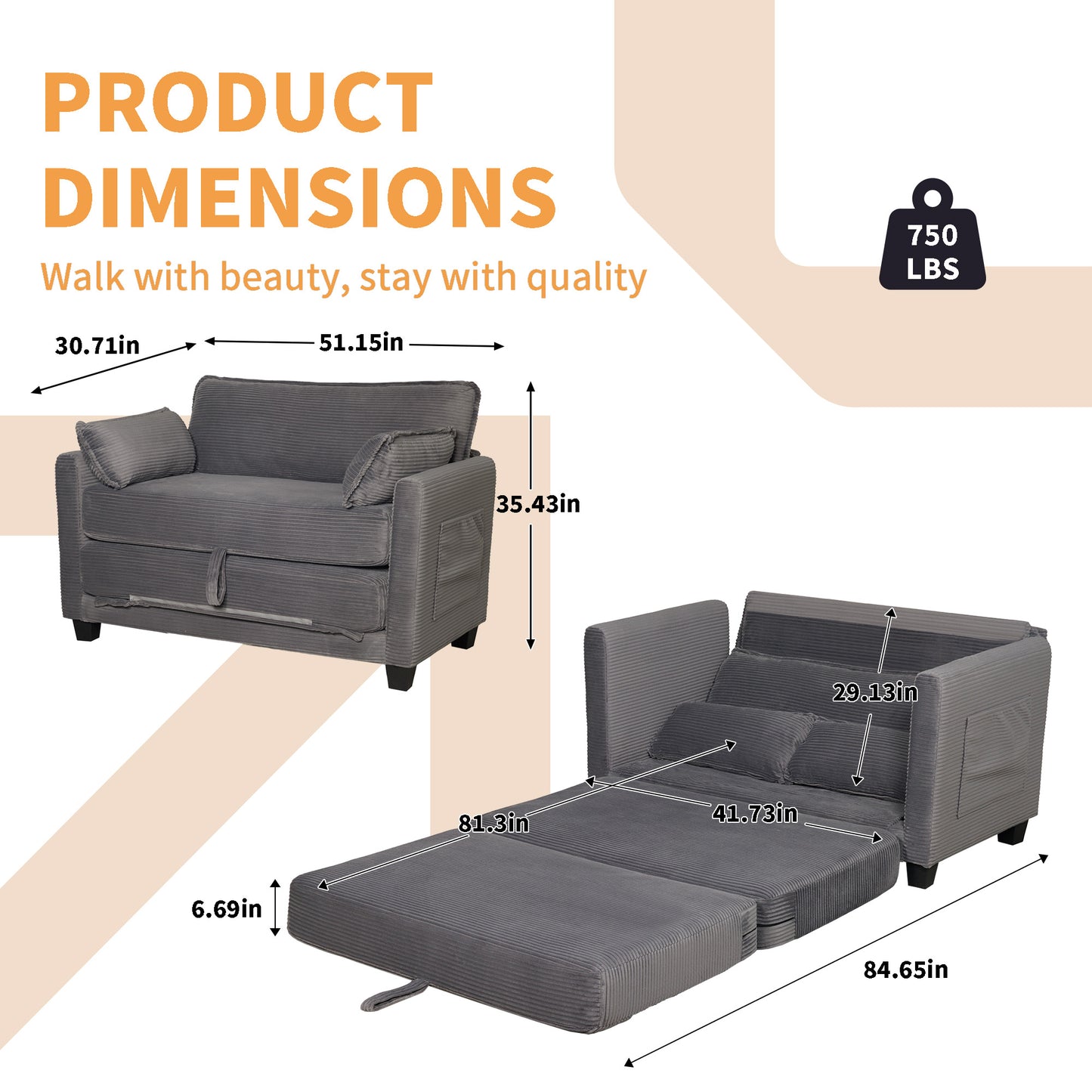 Convertible Grey Sofa Bed - 2-in-1 Loveseat Sleeper for Living Room