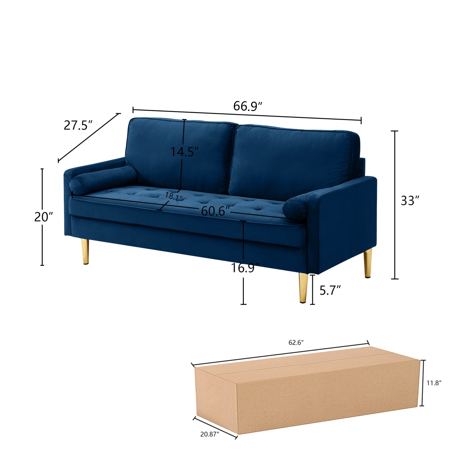 65-Inch Navy Velvet Loveseat Sofa - Comfortable & Stylish