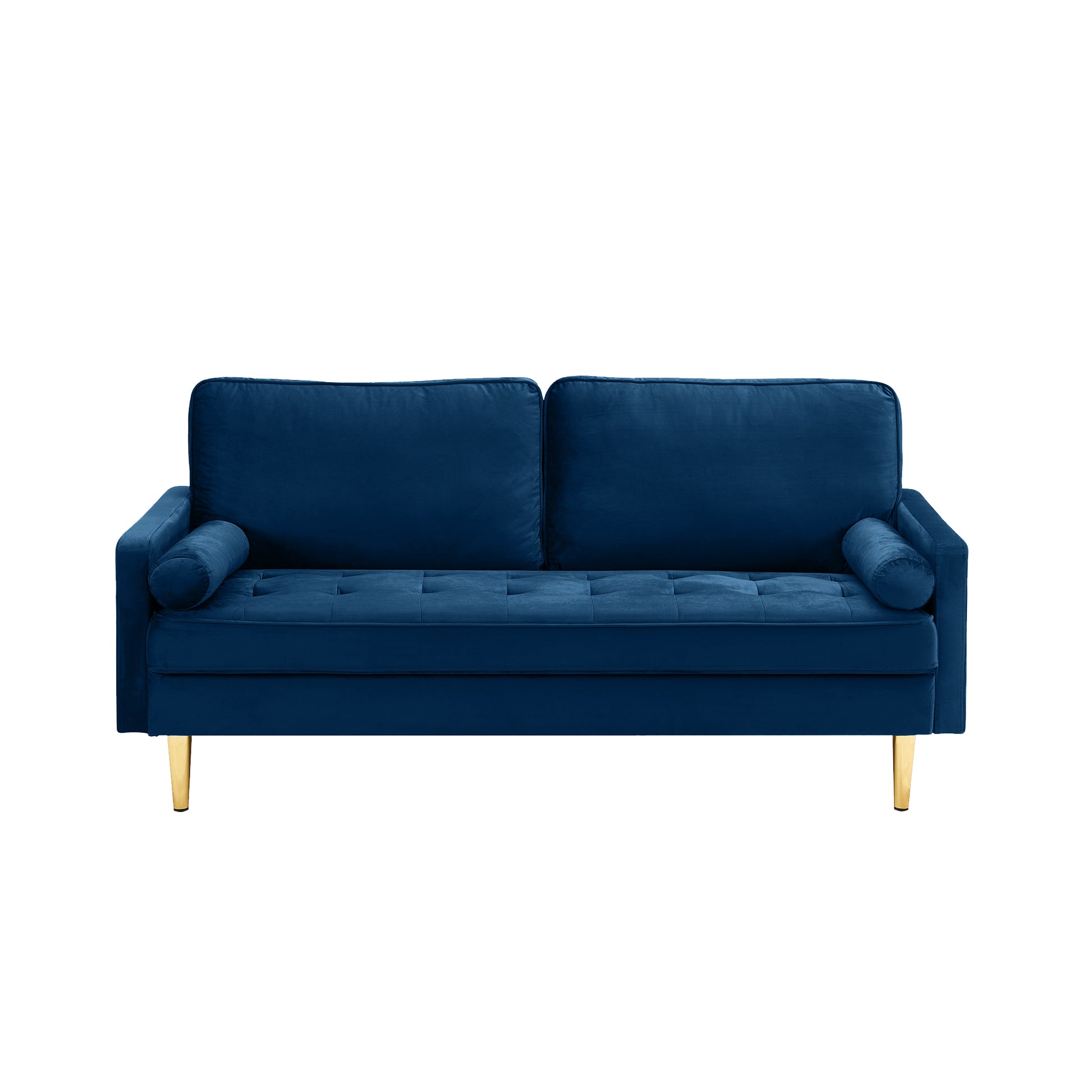 65-inch minimalist velvet sofa with metallic-coloured legs, complete with cushions, suitable for the living room or bedroom.