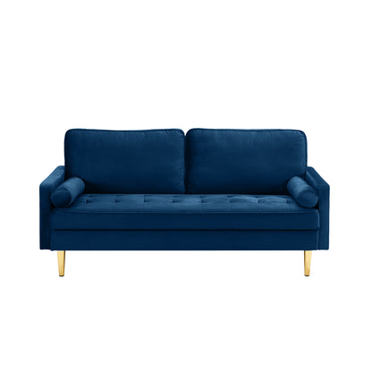 65-inch minimalist velvet sofa with metallic-coloured legs, complete with cushions, suitable for the living room or bedroom.