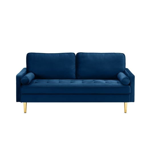 65-inch minimalist velvet sofa with metallic-coloured legs, complete with cushions, suitable for the living room or bedroom.