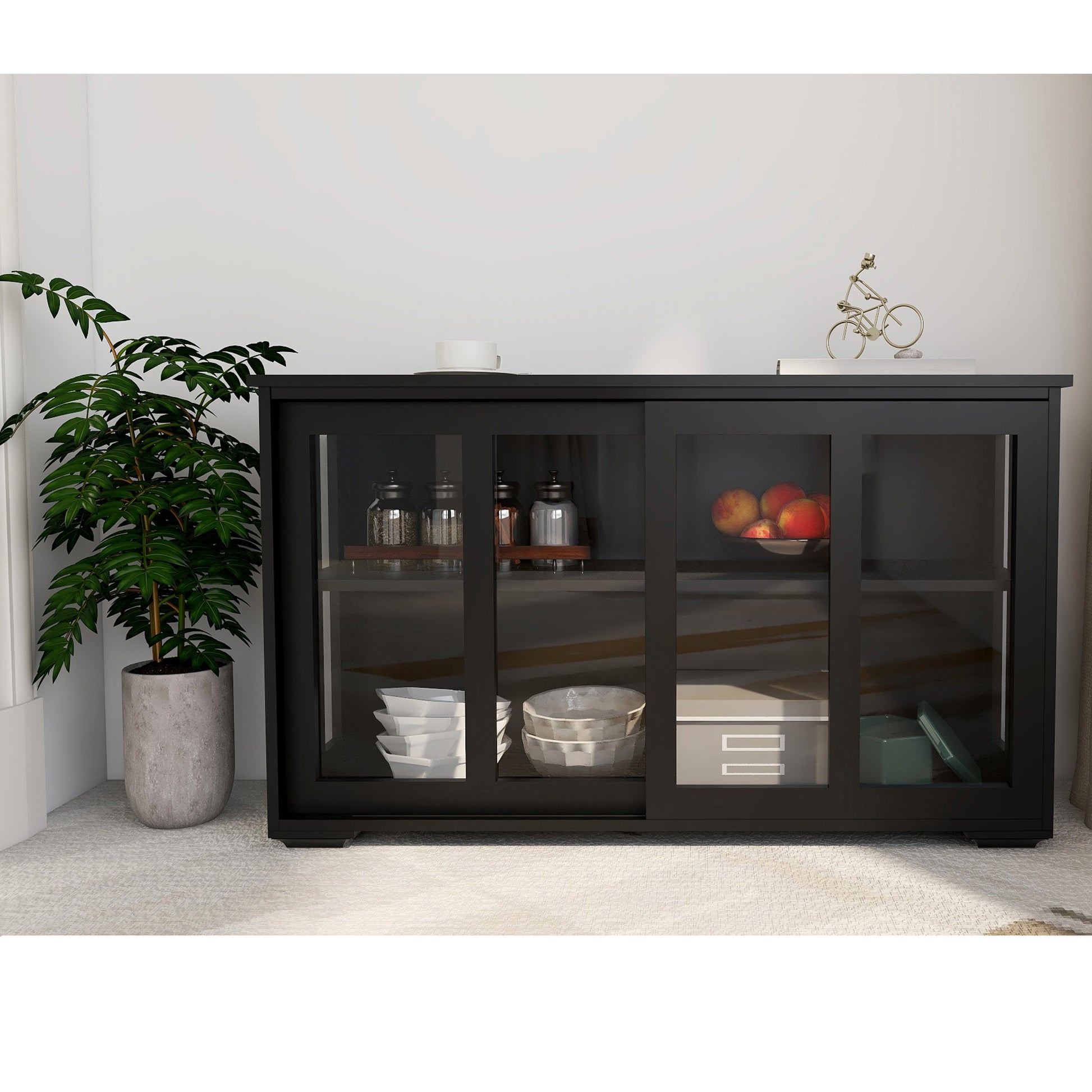 Black MDF Sideboard Buffet with Storage Shelves for Dining Room
