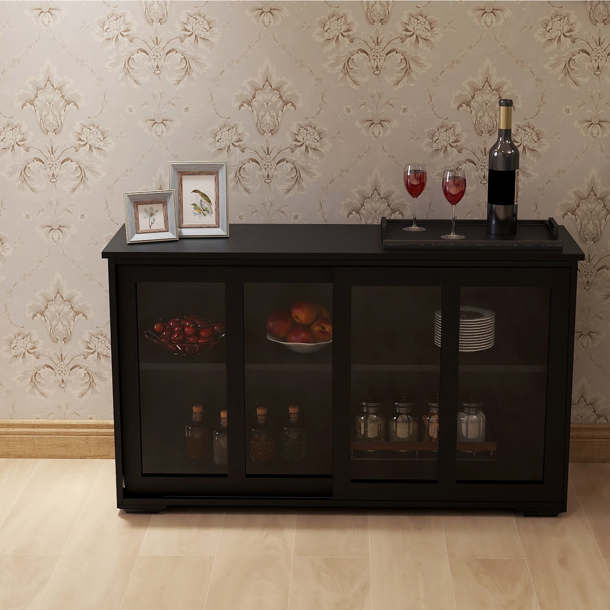 Black MDF Sideboard Buffet with Storage Shelves for Dining Room