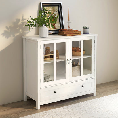 White MDF Buffet Storage Cabinet with Glass Doors for Kitchen and Dining