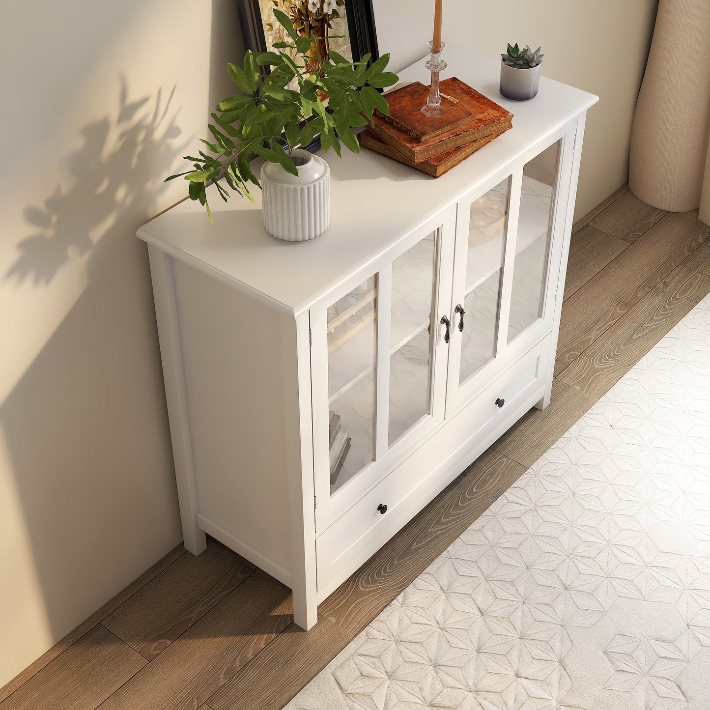 White MDF Buffet Storage Cabinet with Glass Doors for Kitchen and Dining