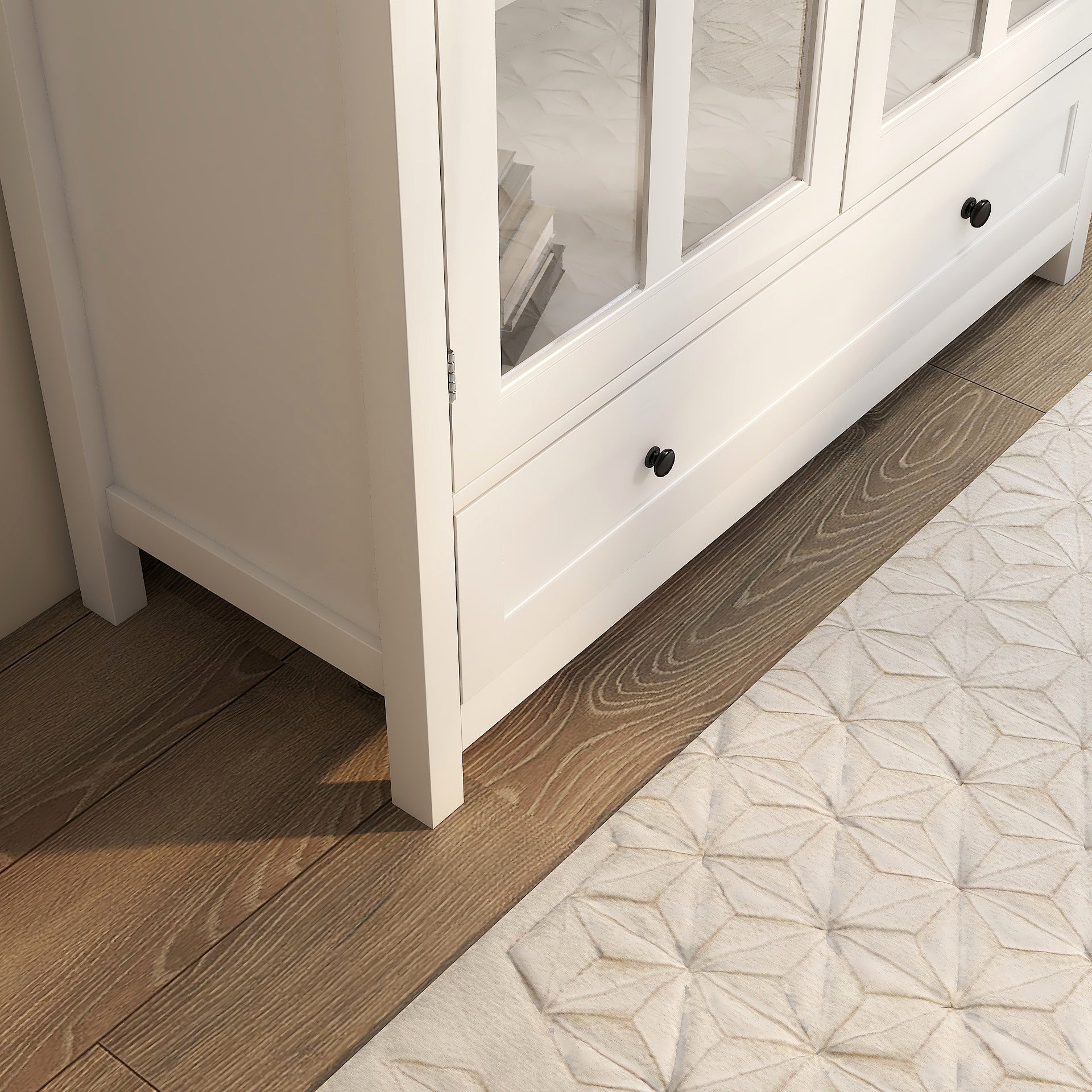 White MDF Buffet Storage Cabinet with Glass Doors for Kitchen and Dining