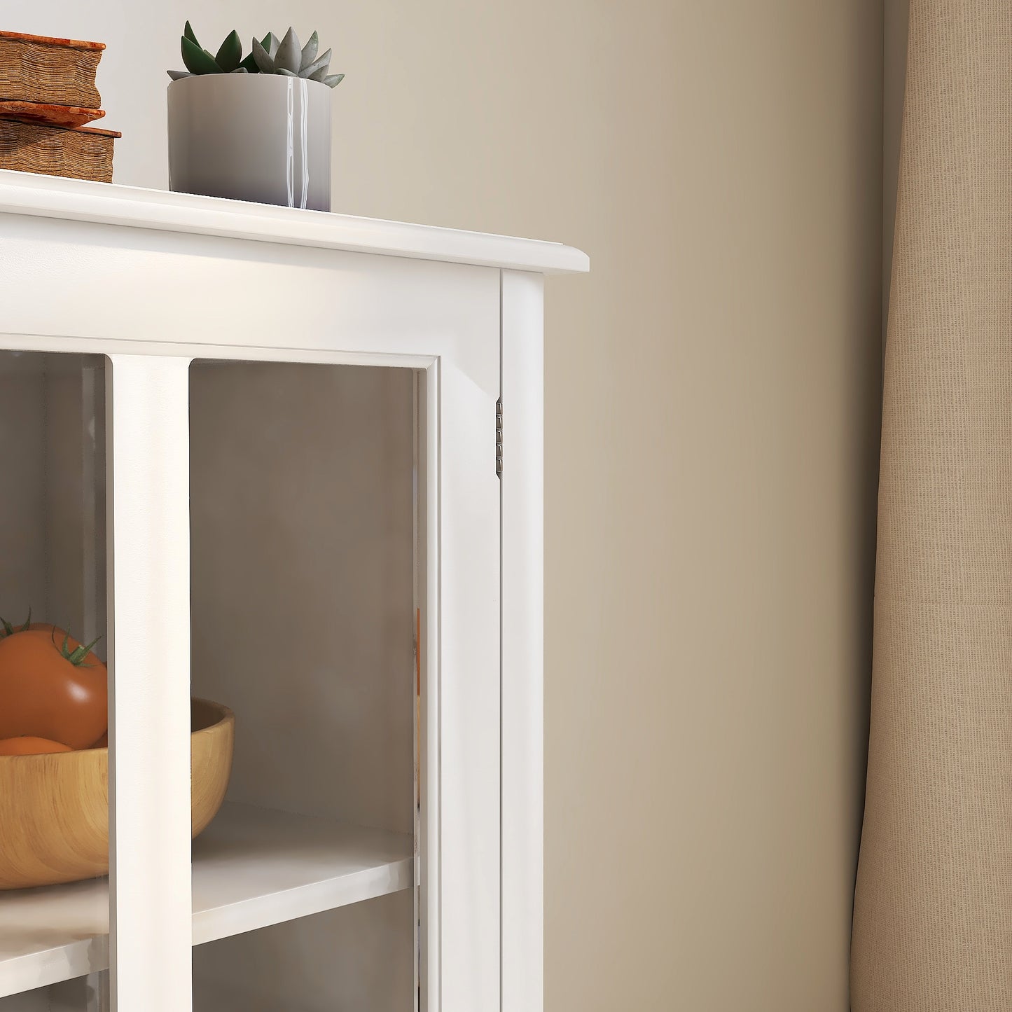 White MDF Buffet Storage Cabinet with Glass Doors for Kitchen and Dining