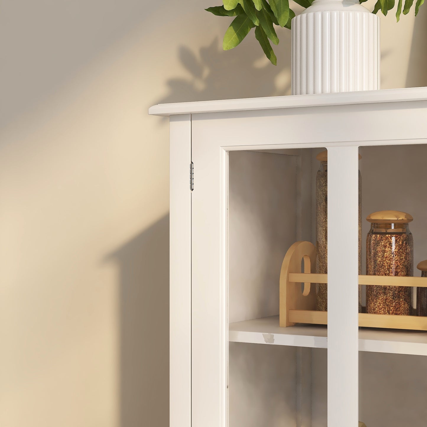 White MDF Buffet Storage Cabinet with Glass Doors for Kitchen and Dining