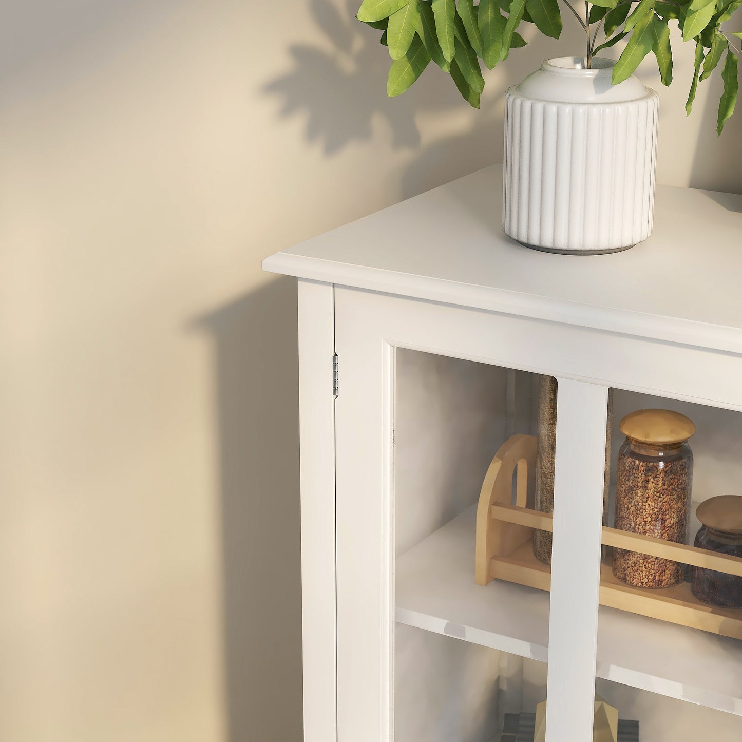 White MDF Buffet Storage Cabinet with Glass Doors for Kitchen and Dining