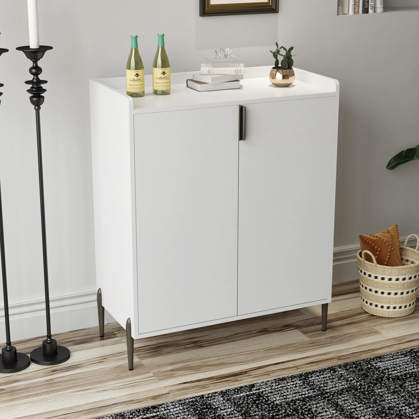 White Engineered Wood Dining Room Buffet Cabinet with Adjustable Storage