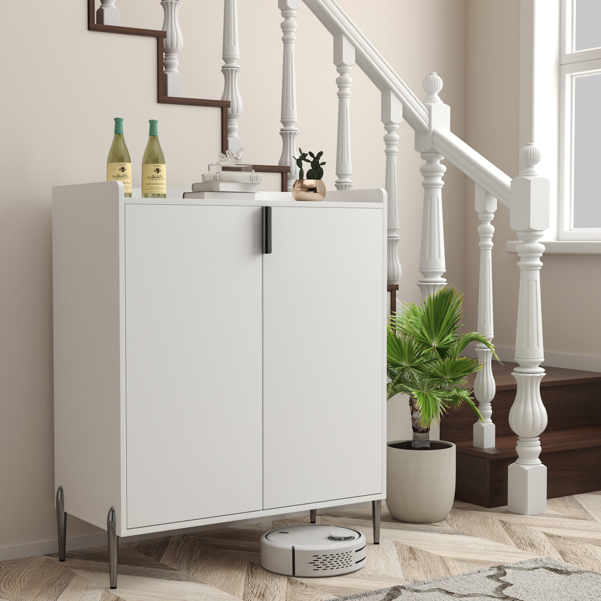White Engineered Wood Dining Room Buffet Cabinet with Adjustable Storage
