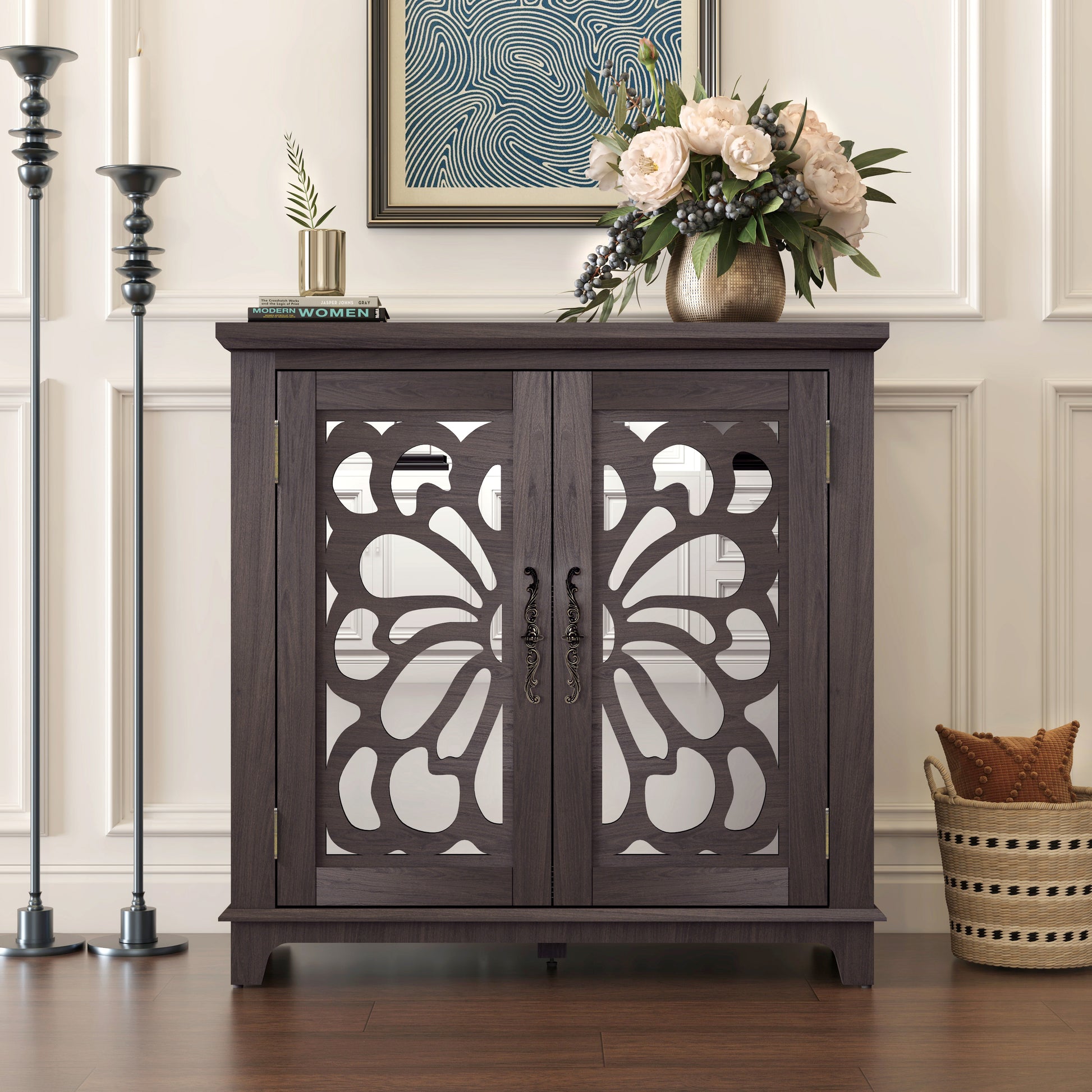 Elegant sideboard with 2 acrylic mirrored doors Sideboard and Buffet with Storage, Hollow-Carved Accent Cabinet brown laminates and MDF substrate, spacious space adjustable shelf, living room, kitchen